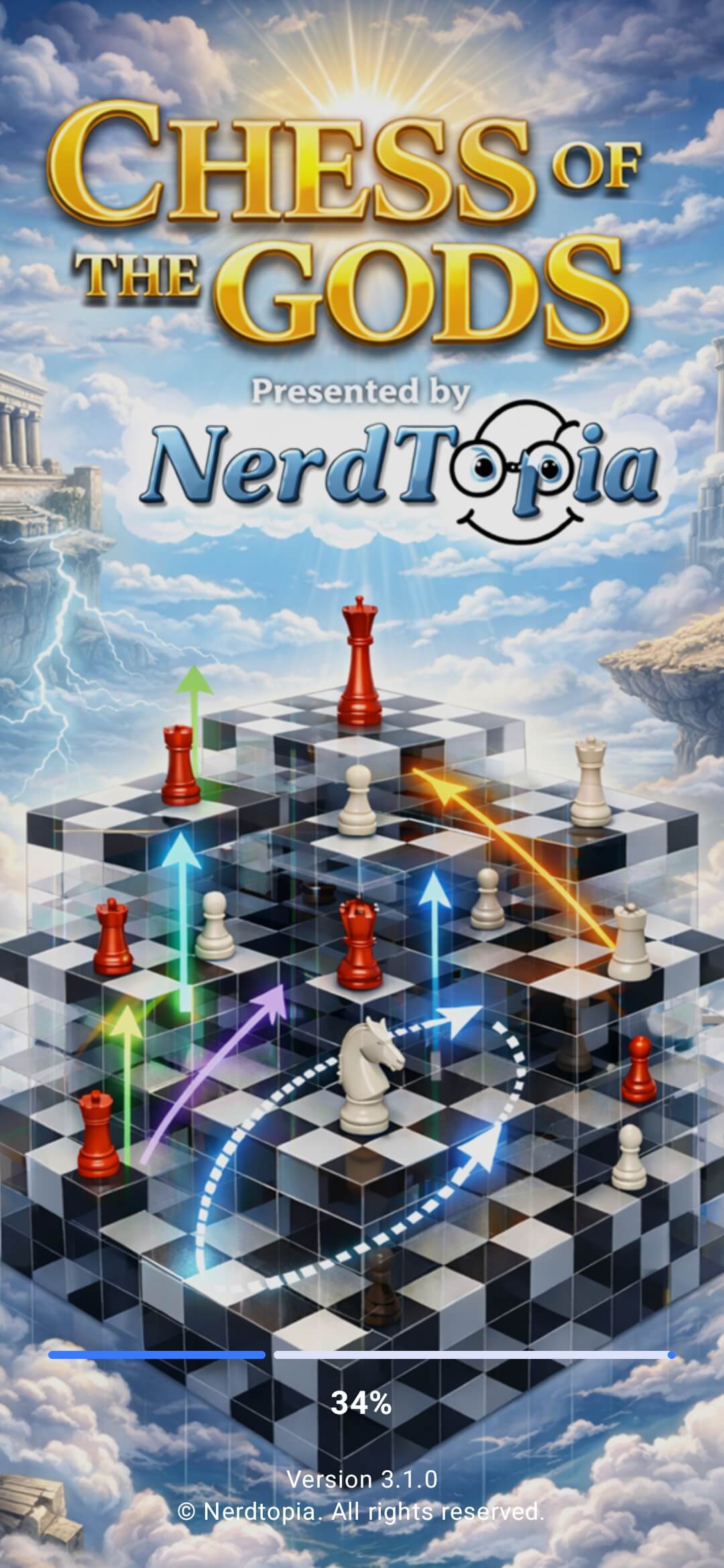 Chess of the Gods loading screen showing the 3D chess board in the clouds.