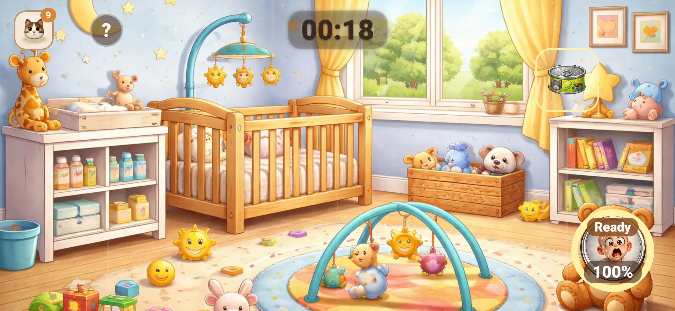 Crazy Caturday baby level in a bright nursery with the baby alert ready.