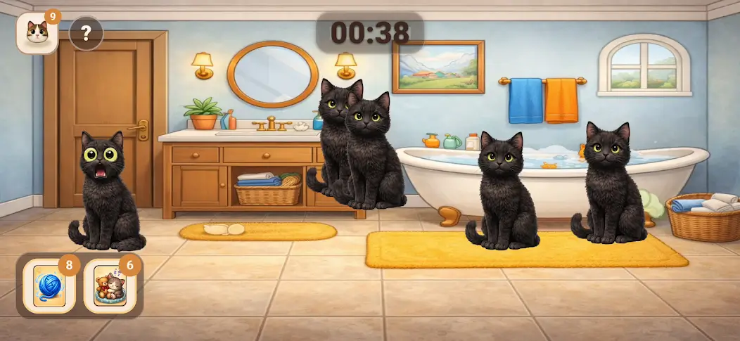 Crazy Caturday bathroom gameplay with black cats, power-ups, and the countdown timer.