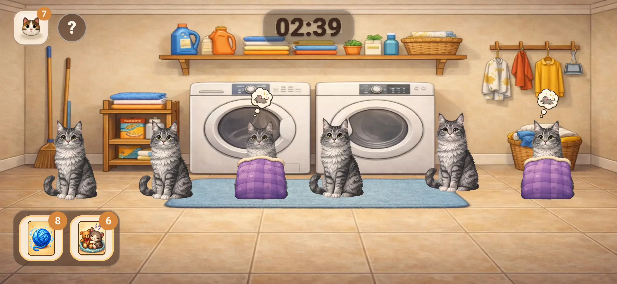 Crazy Caturday gameplay in the laundry room with cats, supplies, and the countdown timer.