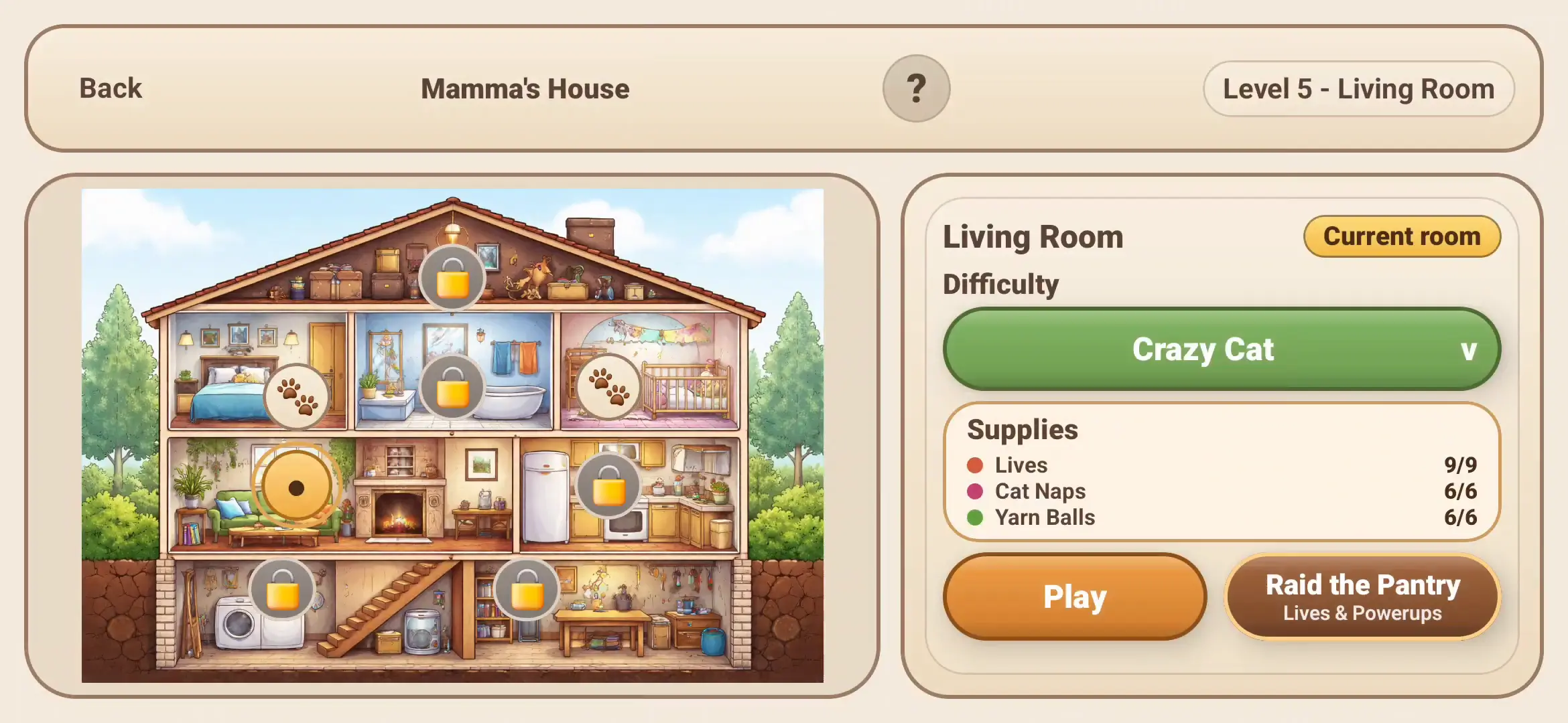 Crazy Caturday house map showing rooms, progression, difficulty, and supplies.