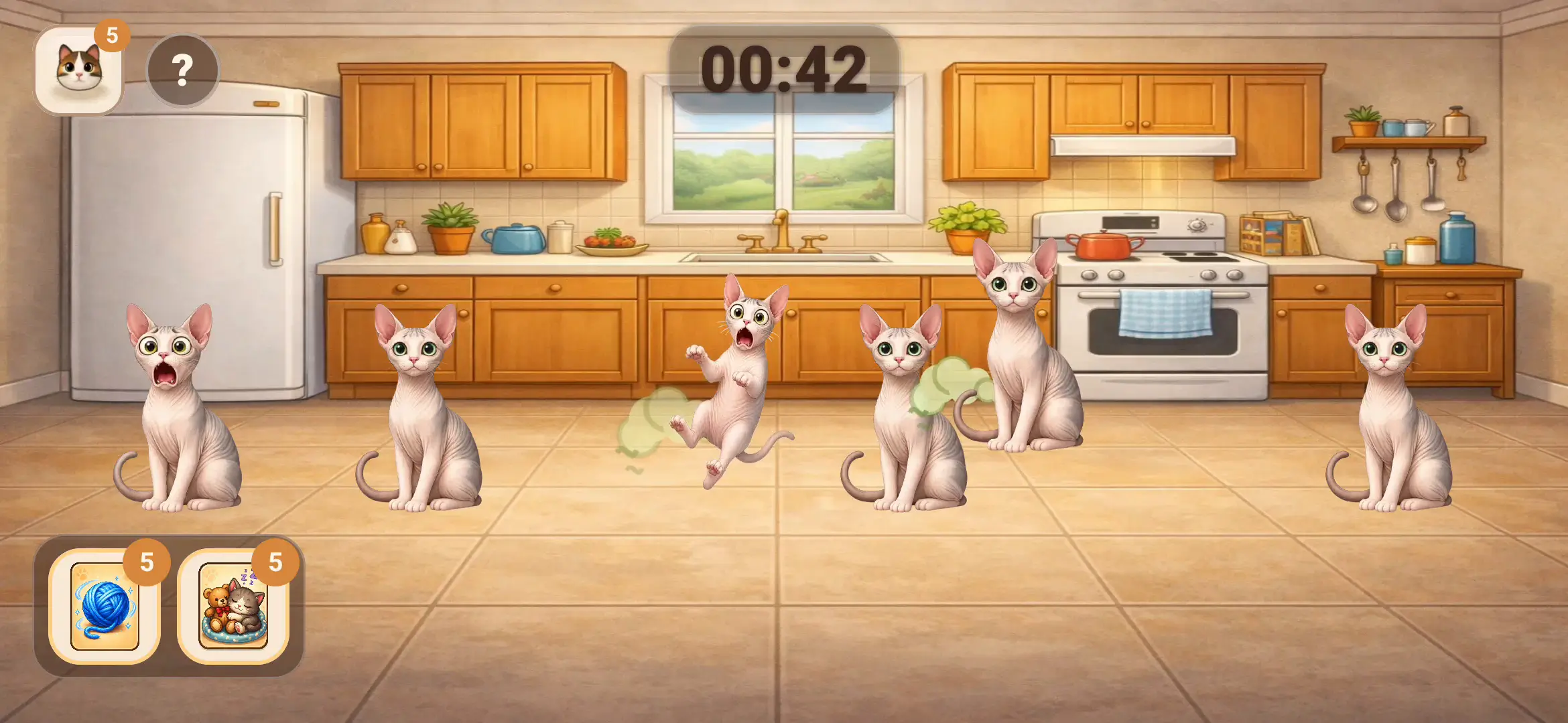 Crazy Caturday kitchen gameplay with cats, power-ups, and the countdown timer.