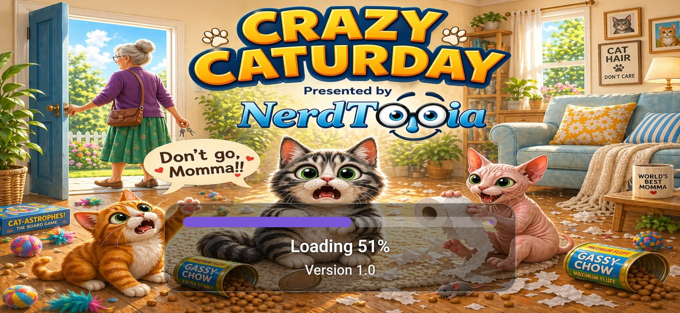 Crazy Caturday loading screen with cats, snack cans, and Nerdtopia branding.