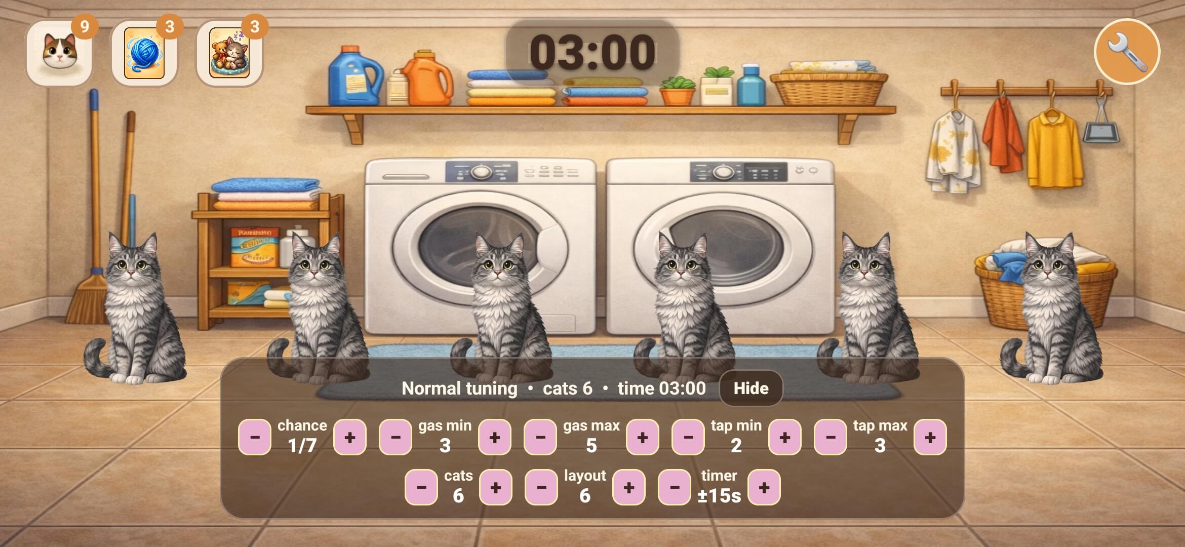 Crazy Caturday tester console with layout and difficulty controls.