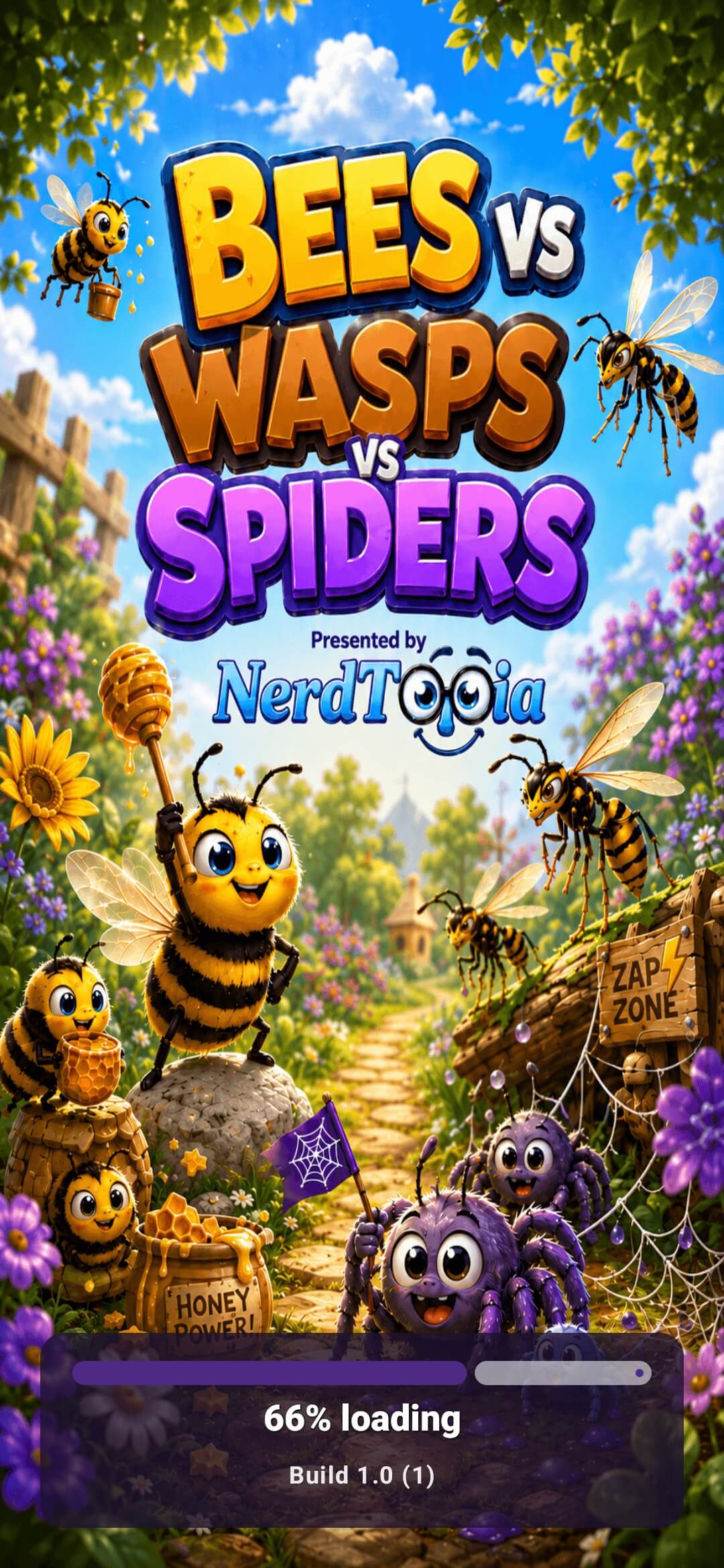 Bees vs. Wasps vs. Spiders loading screen with Nerdtopia branding.