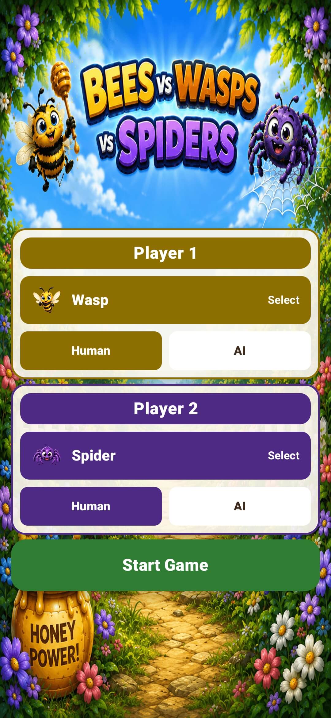 Bees vs. Wasps vs. Spiders player selection screen.