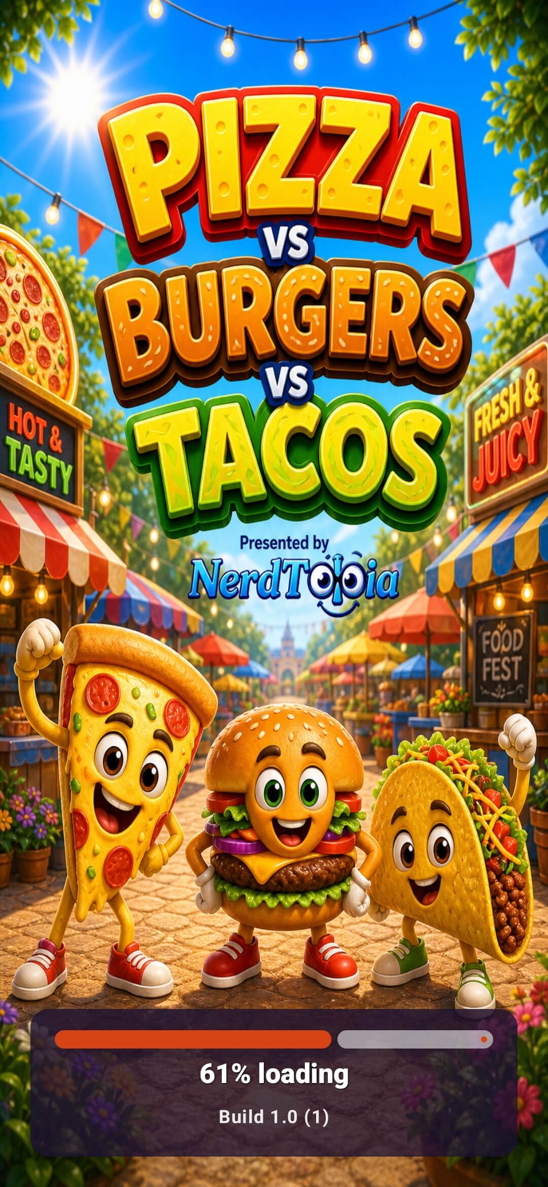 Pizza vs. Burgers vs. Tacos loading screen with Nerdtopia branding.